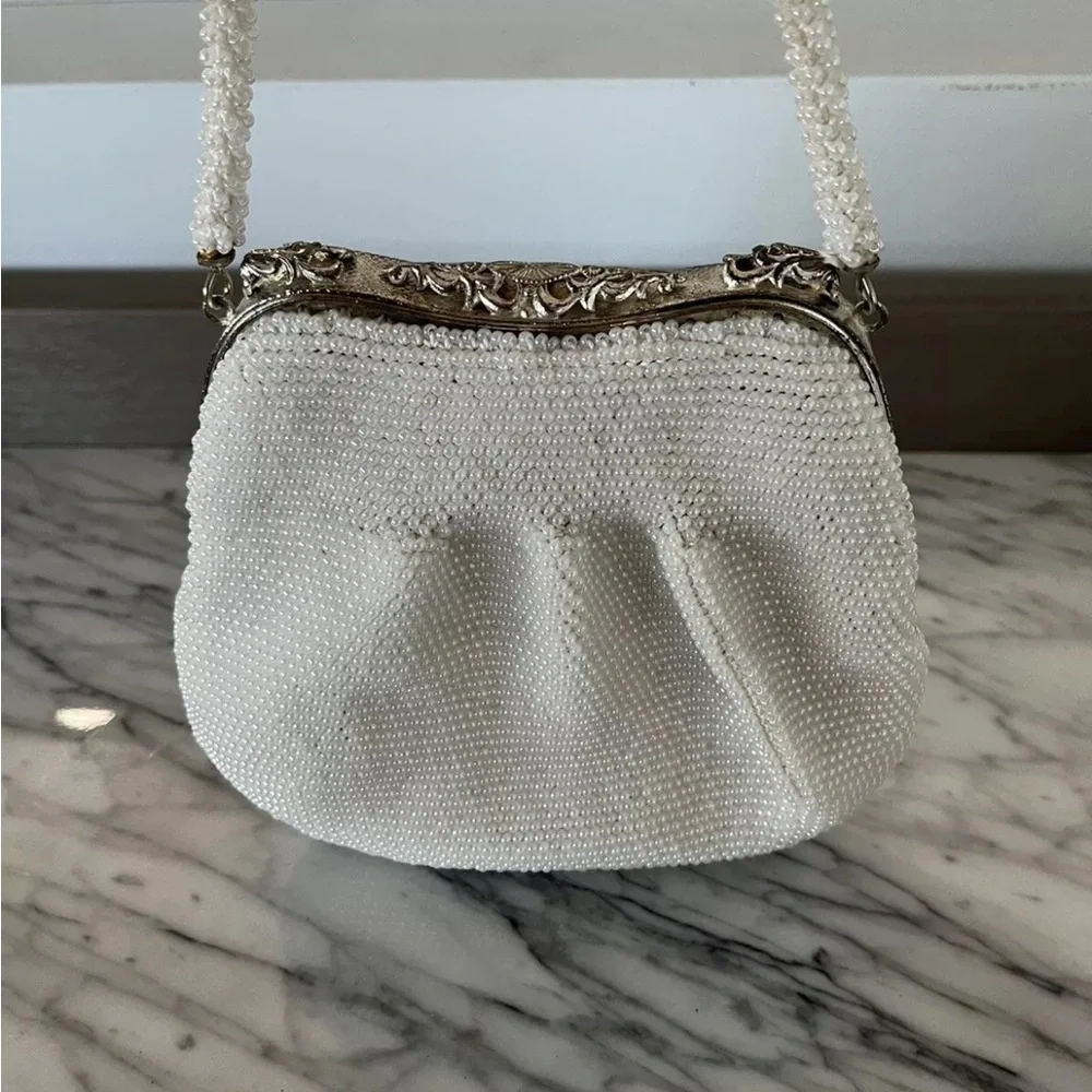 White Pearl Beaded Purse Evening Bag Clutch Silver Frame Clasp Vintage 50s 60s